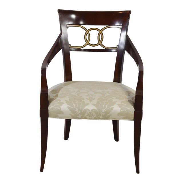 Baker Furniture Hollywood Regency Mahogany Arm Chair Gilt Accents Damask Fabric For Sale
