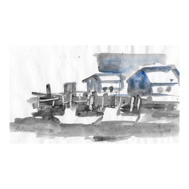 1990s Coastal Dock Scene Watercolor For Sale