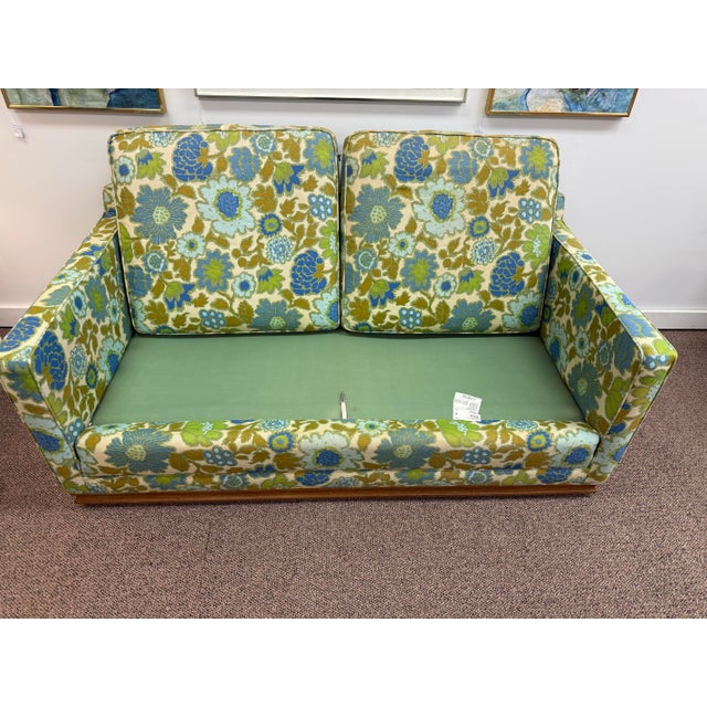 Wood 1960s Mid Century Modern Loveseat by Flair Furniture in Bold Blue Green Floral Upholstery For Sale - Image 7 of 10