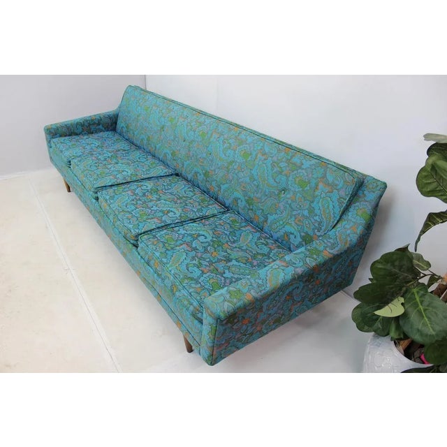 Mid Century Modern Floral Turquoise Large Sofa For Sale - Image 4 of 10
