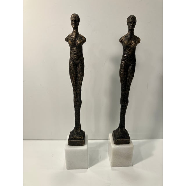 Vintage Pair of Iron Giacometti Inspired Figures on Marble For Sale In Boston - Image 6 of 7