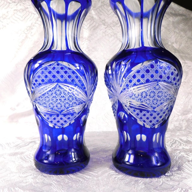 Pair of Two Blue Cut to Clear Vases For Sale - Image 4 of 7