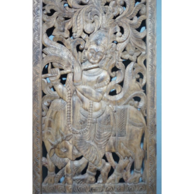 Antique Indian Hand-Carved Krishna Solid Wood Barn Door | Architectural Wall Panel 72x36 For Sale In Orlando - Image 6 of 8