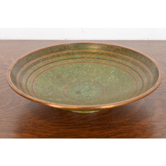 A beautiful Art Deco or Arts & Crafts period verdigris bronze footed centerpiece bowl, tazza, or fruit bowl By Carl...