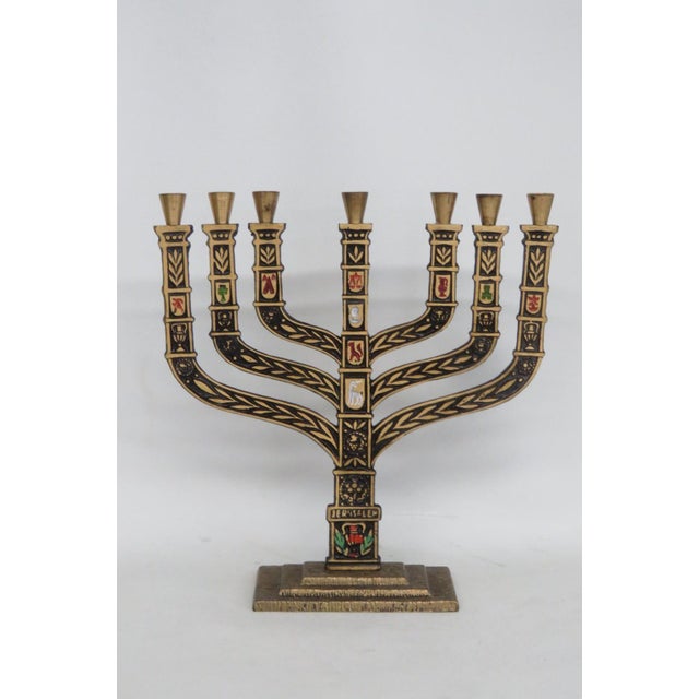 Jerusalem Seven Branch Brass Menorah Enamel Shields 12 Tribes of Israel 4504b For Sale - Image 14 of 14