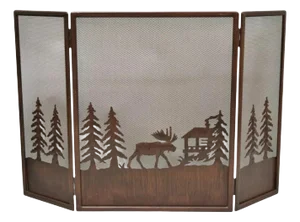 Late 20th Century Nature Moose Wilderness Log Cabin Rustic Iron Metal Folding Fireplace Screen