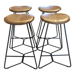 West Elm Leather Upholstered Iron Vase Contemporary Boho Counter Stools - Set of 4 For Sale