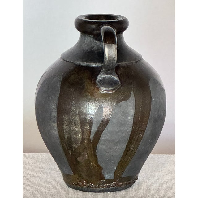 Vintage Grey Hand Thrown Vase With Black Drip Glaze For Sale - Image 4 of 6