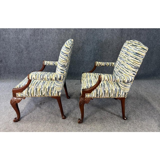 Traditional Late 20th Century Pair of Baker Furniture Attributed Stately Homes Gainsborough Arm Chairs in Green & Blue For Sale - Image 3 of 11