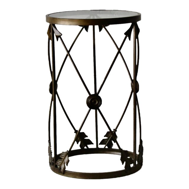 1980s Vintage French Empire Style Arrows Target Brushed Patina Bronze Finish Metal Glass Side Drinks Table For Sale