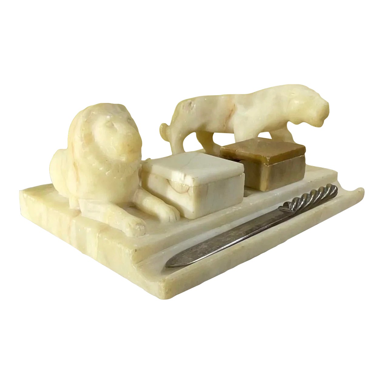 Antique Italian Carved Marble Stone Inkwell | Chairish