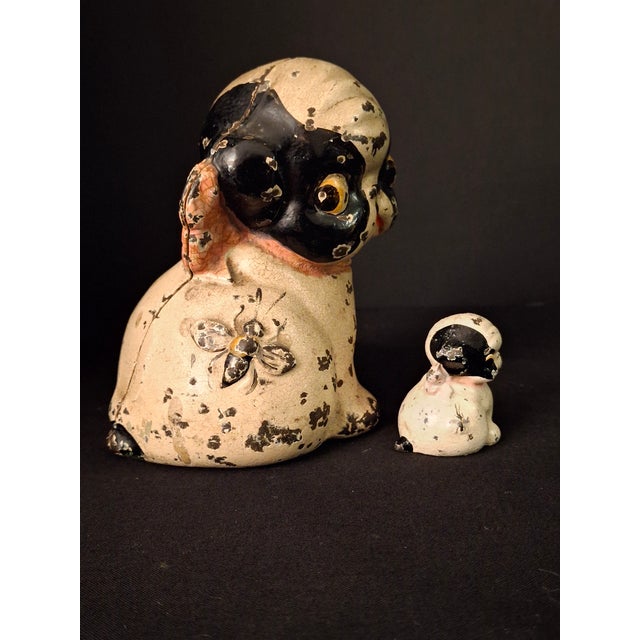 American Antique Hubley Cast Iron Puppo Dog Coin Bank & Miniature Figure Set Grace Drayton For Sale - Image 3 of 17
