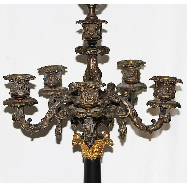 Highly detailed lost-wax casted 19c French Baroque bronze & dore' candelabra converted to table lamp. Belgian black marble...