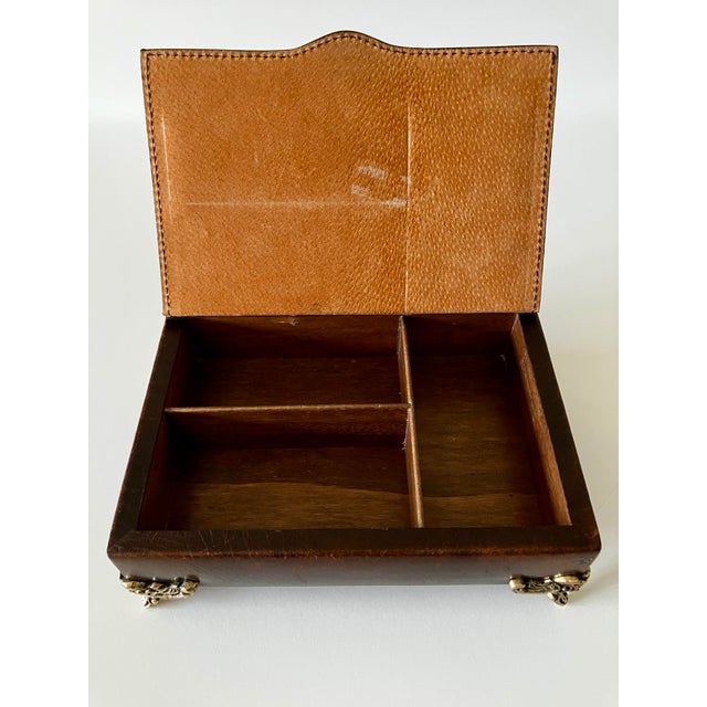 Vintage Italian Florentine Tooled Leather Valet Jewelry Box With Ornate Brass Feet For Sale - Image 13 of 18