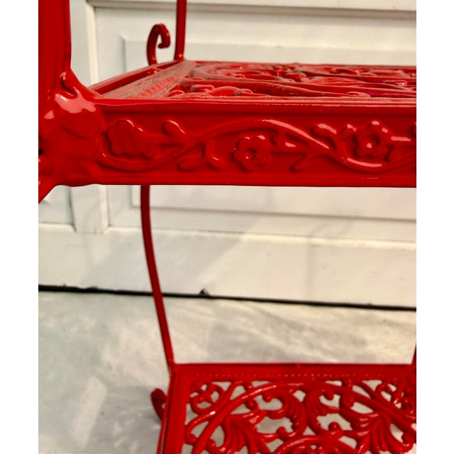 1970s Pair of Chinoiserie Pagoda Form Metal Étagères in Gloss Red For Sale - Image 5 of 11