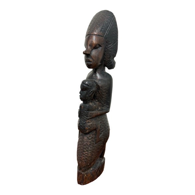 African Hand Carved Wood Mother + Child Sculpture For Sale