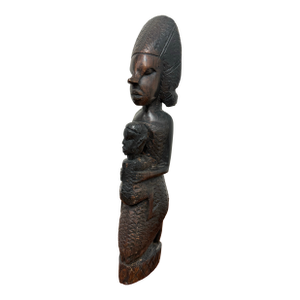 African Hand Carved Wood Mother + Child Sculpture