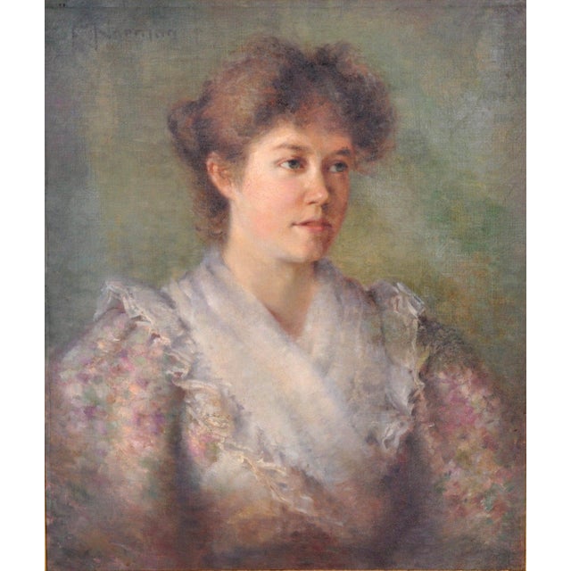 A fine antique English Impressionist oil on canvas portrait painting of a young lady, circa 1895. A very attractive...