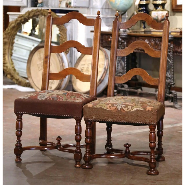 Decorate a study, bedroom, or sitting area with this elegant pair of antique walnut chairs. Crafted in southern France...