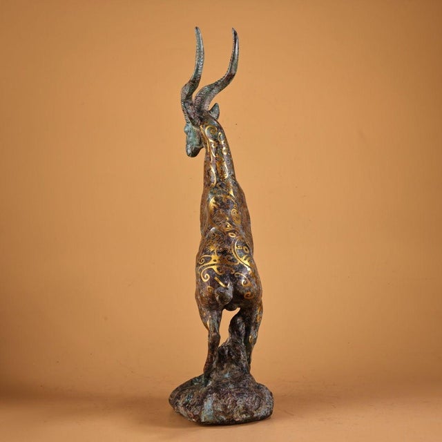 Metal Bronze Leaping Antelope Sculpture, Intricate Gold Inlaid Scroll Patterns, Archaic Chinoiserie Statue For Sale - Image 7 of 10