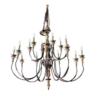 Distressed Wood and Iron 15 Light Chandelier For Sale