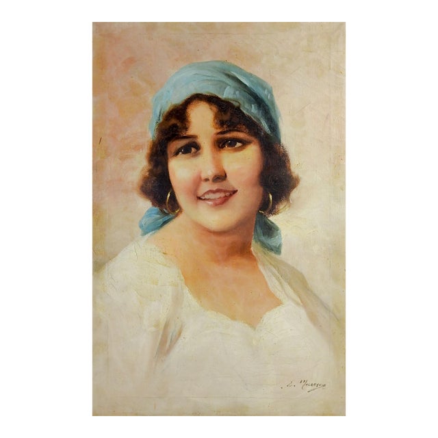 Early 20th Century Girl With Blue Scarf Portrait Painting For Sale