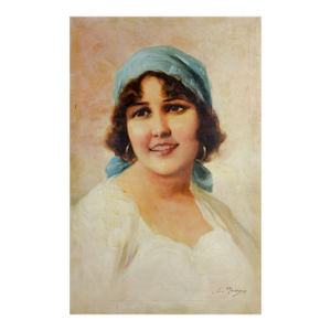 Early 20th Century Girl With Blue Scarf Portrait Painting