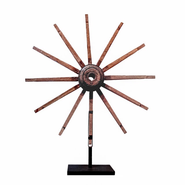 19th Century Wooden Wagon Wheel on Stand, Indonesia For Sale - Image 4 of 18