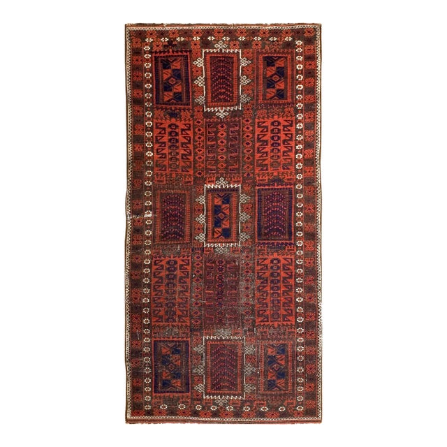 1930s Red Geoemtric Tribal Antique Baluch Turkmen Rug 3'1" X 6'4" Handknotted Wool Carpet For Sale