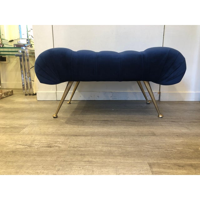 Mid-Century Italian Blue Velvet Brass Legs Footstools, 1950s For Sale - Image 4 of 18