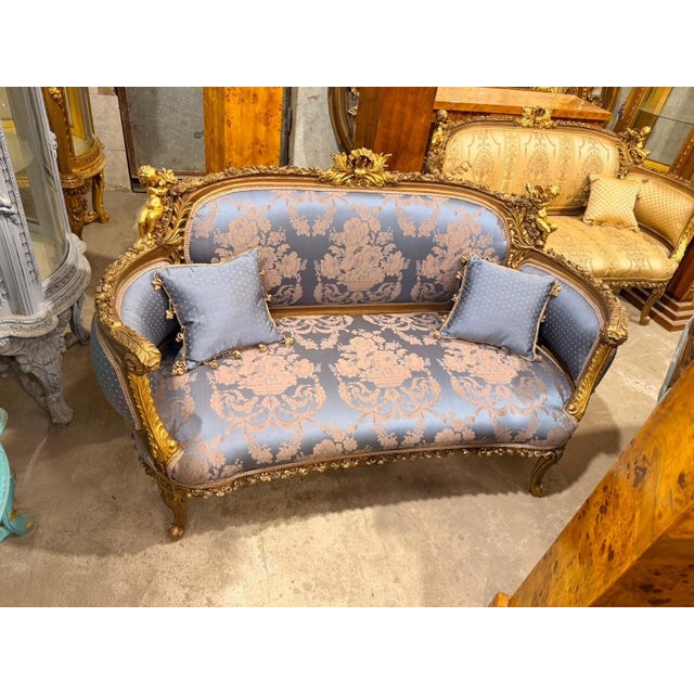 Vintage Cherub Rococo Sette upholstery Blue Damask Canapa For Sale - Image 4 of 9