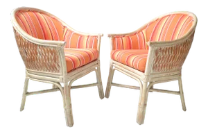 Pair - Mid-Century Modern Bamboo & Cane Armchair Orange Striped Upholstery 1970