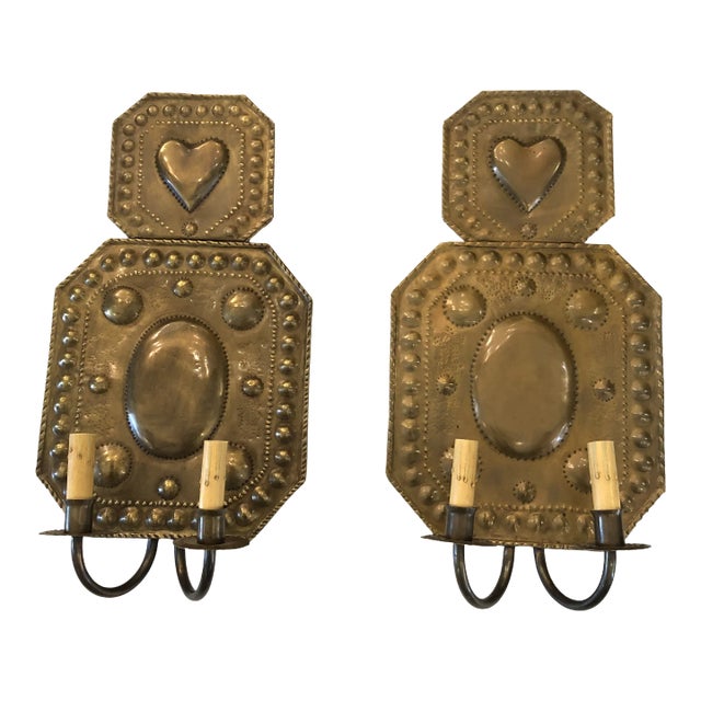Early 19th Century American Hammered Brass Wall Sconces -A Pair For Sale