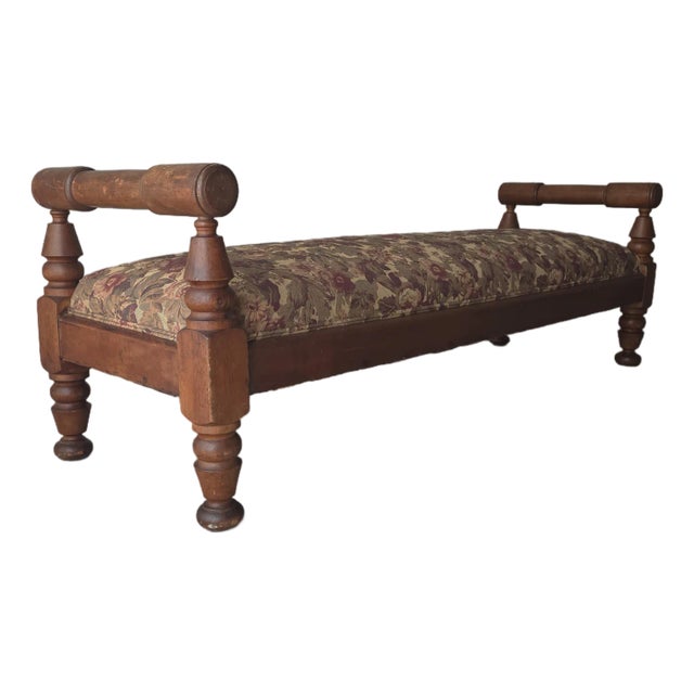 Chhunky Antique French European Bench in Floral Tapestry For Sale