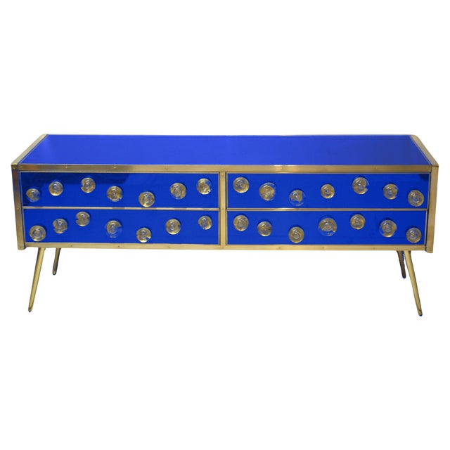 Italian cobalt-blue Murano glass sideboard with four drawers in a two-by-two layout. Each drawer front displays seven...
