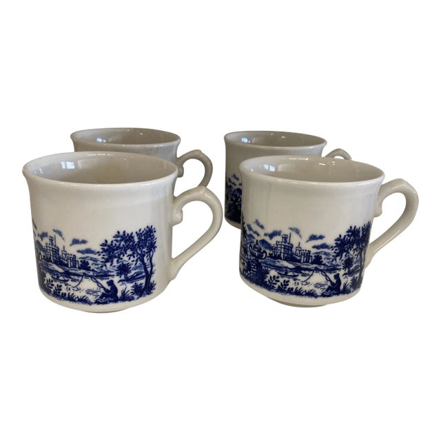 1970s Pastoral Chinoiserie Blue and White Cups - Set of 4 For Sale