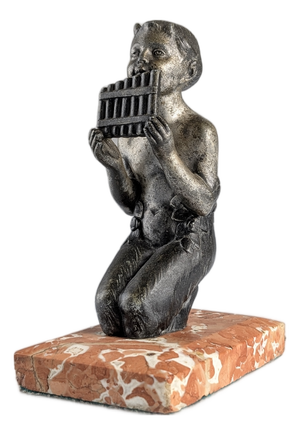 Art Deco Metal Sculpture of Young Faun with Pan Flute on Marble, 1920s