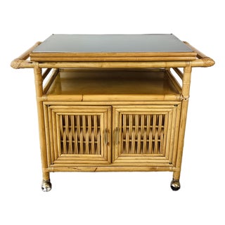 Vintage 1960s Rattan Serving Bar Cart on Wheels For Sale