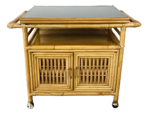 Vintage 1960s Rattan Serving Bar Cart on Wheels