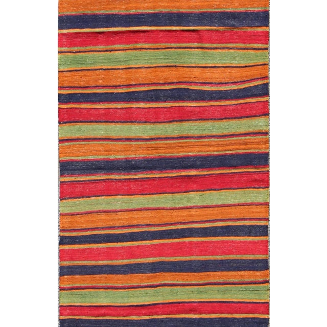 Vintage Kilim Runner With Horizontal Stripes in Bright Colors, Orange, Green, Blue, Red, Gold For Sale - Image 4 of 8