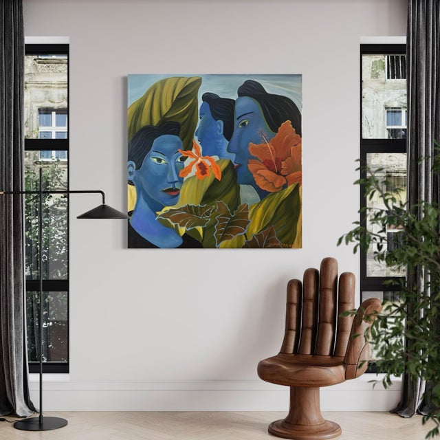 Blue Marc Zimmerman "Jungle Blues" Oil Painting, Blue Figurative Portraits in Tropical Setting, Hibiscus Blooms, Gold Foliage, Contemporary Art West Coast For Sale - Image 8 of 9
