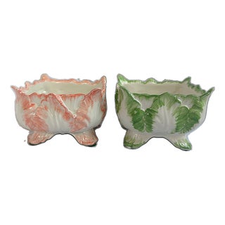 Vintage Mottahedeh Majolica Cabbage Leaf Planters - A Pair For Sale