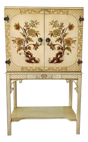 C1950s Chinoiserie Tall Painted Raised Bar Cabinet With Floral Motifs – In the Style of the Griswold Two-Door Cabinet by Dessin Fournir
