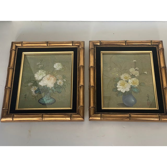Chinese 1940s Gorgeous Pair of Chinese Floral Watercolors Signed Framed For Sale - Image 3 of 9
