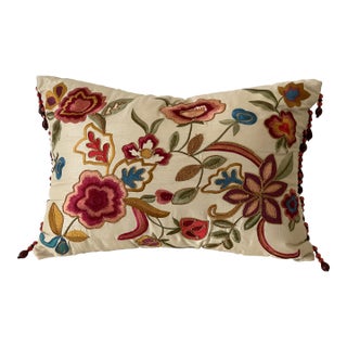1970s Tapestry Crewel Embroidered Lumbar Pillow For Sale