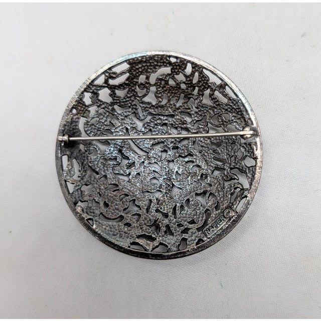 1970s Vintage 1970s Signed Napier Round Silvertone Filigree Brooch For Sale - Image 5 of 7