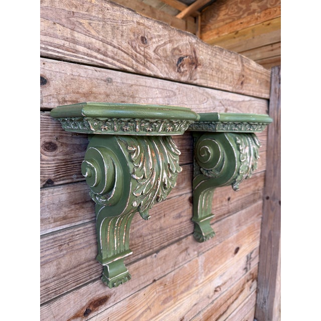 Pair of Carved Acanthus Wall Bracket Shelves / Corbels in Distressed Green Finish For Sale - Image 4 of 11