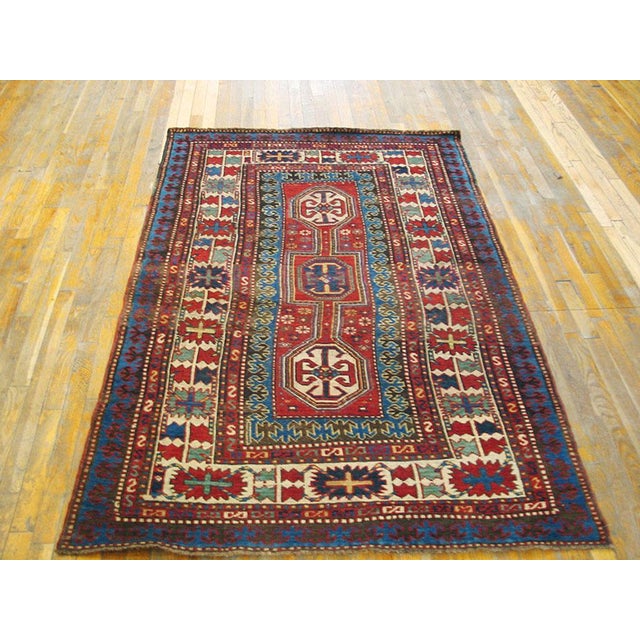 19th Century Caucasian Kazak Carpet 4' x 6'5" Antique Caucasian Geometric Medallion Hand Knotted Pile Rug, Country of...