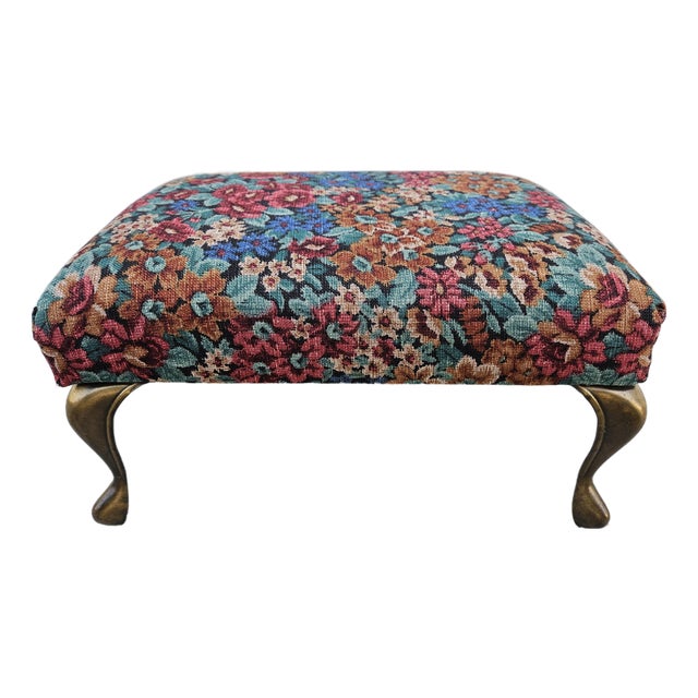 Floral Print Footstool With Brass Colored Legs For Sale