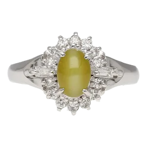 1.04 Carat Green Chrysoberyl Cat's Eye and Diamond Platinum Art Deco Style Ring